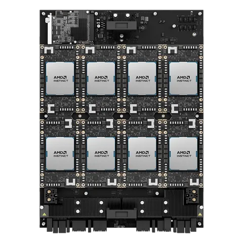Eight lidded AMD Instinct MI440X modules mounted in two rows on a single universal baseboard, with power connectors along its lower edge.