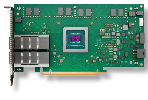 An AMD Pensando network card: a green PCIe board carrying a finned heatsink over its two cage connectors and the DPU package at its centre.