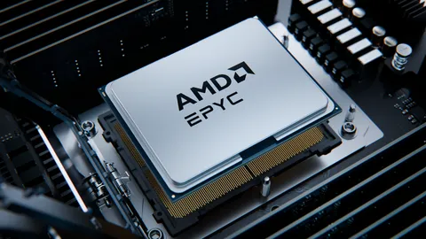 A lidded AMD EPYC processor seated in its socket on a server motherboard, its gold contact edge and the socket retention hardware visible alongside.
