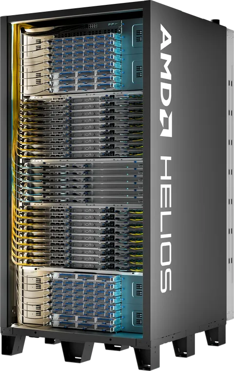 An AMD Helios rack with its side panel removed, showing five bays of stacked compute and switch trays with looms of yellow and blue cabling down the left side.