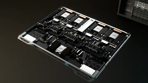 An open Helios compute tray seen from above: four AMD Instinct accelerator modules with copper cold plates along the rear, a finned AMD processor heatsink toward the front, and cabling running between them.